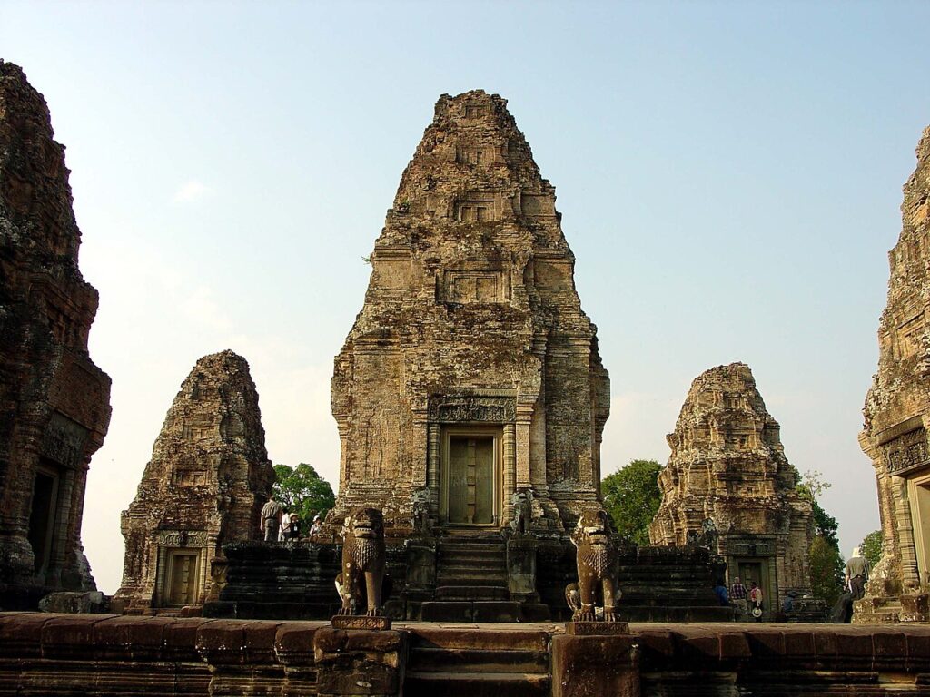 East Mebon’s stone elephant statues standing at the corners of the temple platform