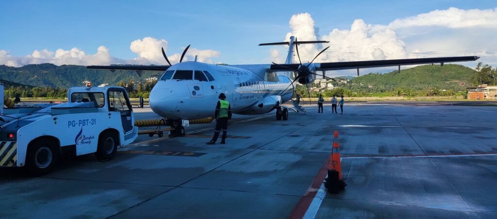 Scenic flight with one of the best airlines in Southeast Asia from Samui Propeller plane at Samui Airport — one of the best airlines Southeast Asia
