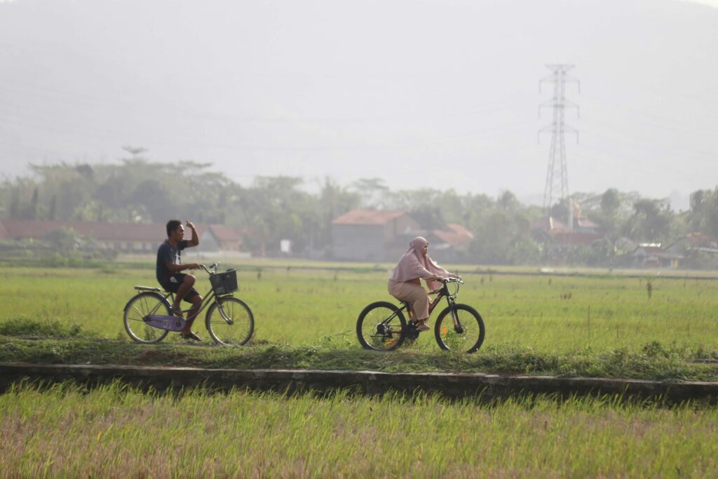 Cycling Through Bali’s Rice Fields Woman cycling through lush rice fields in Bali