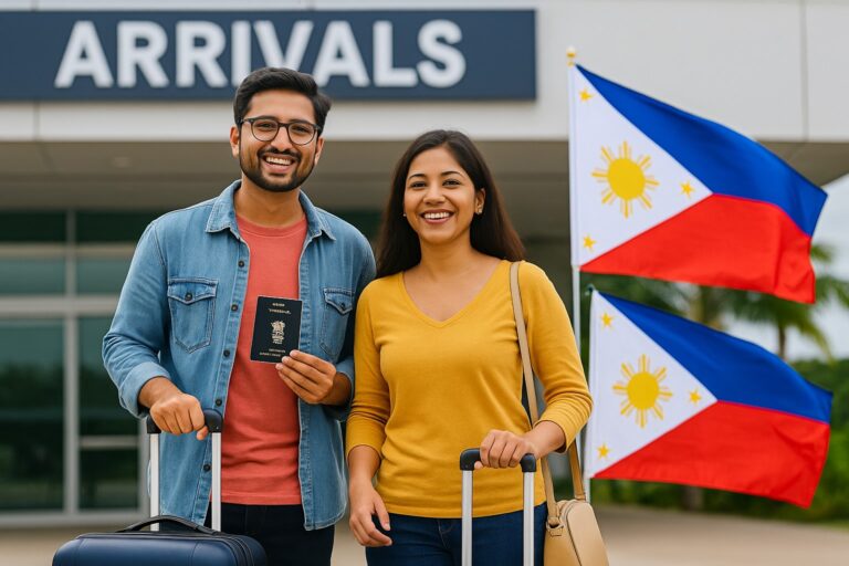 Indian couple arriving at the airport in the Philippines, smiling with luggage and passport, with flags of India and the Philippines in the background