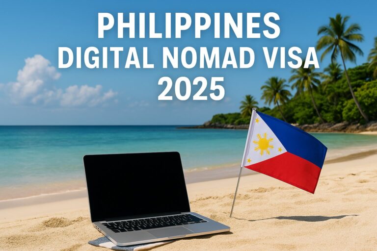 Laptop and Philippine flag on beach representing philippines digital nomad visa 2025