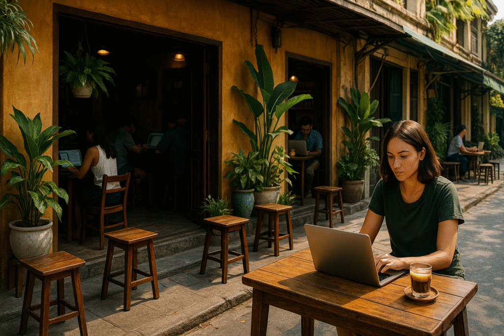 Digital nomad woman working remotely at a Vietnamese café with a laptop and a cup of aromatic iced coffee, under natural light and tropical greenery — perfect remote work vibes in Vietnam.