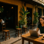 Digital nomad woman working remotely at a Vietnamese café with a laptop and a cup of aromatic iced coffee, under natural light and tropical greenery — perfect remote work vibes in Vietnam.