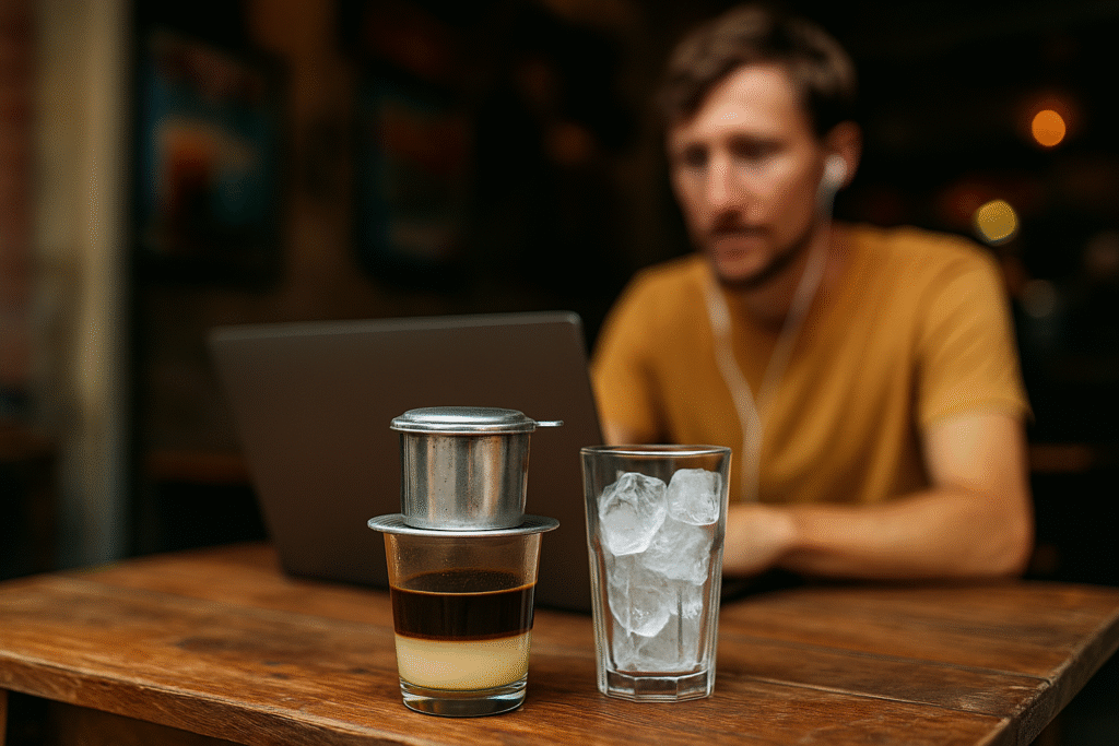 Vietnamese drip coffee brewing in a traditional phin filter with a glass of ice in the foreground; in the background, a digital nomad man wearing headphones works on his laptop at a cozy café in Vietnam.