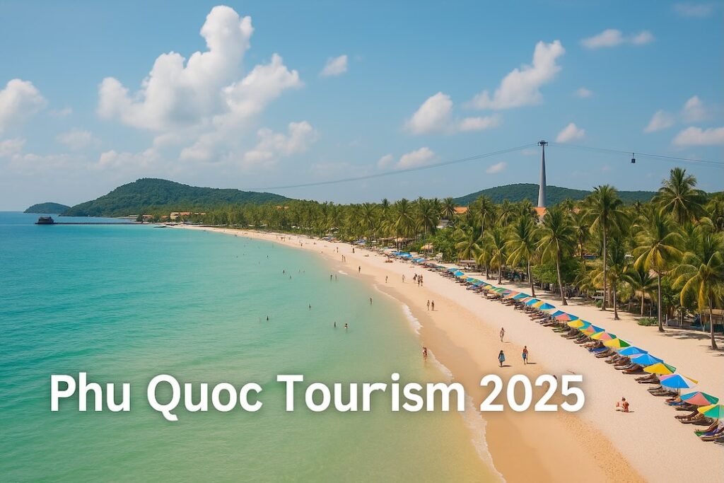 Phu Quoc Tourism 2025 — Beautiful Beach and Cable Car View Phu Quoc tourism 2025 — panoramic beach view with tourists, turquoise sea, palm trees, and the Hon Thom cable car in Vietnam