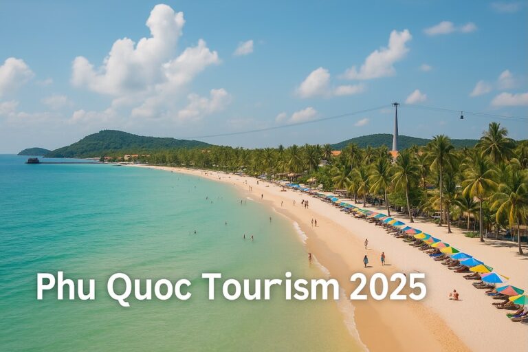 Phu Quoc tourism 2025 — panoramic beach view with tourists, turquoise sea, palm trees, and the Hon Thom cable car in Vietnam