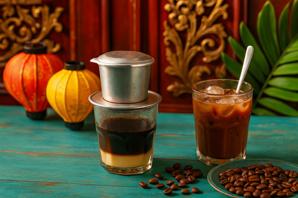 Two glasses of Vietnamese coffee: one with black iced coffee, the other with hot coffee dripping from a traditional phin filter; colorful Vietnamese lanterns hang in the background, creating a vibrant local café atmosphere.