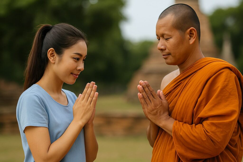 Wai greeting in Thailand Thai wai greeting — palms together and slight bow